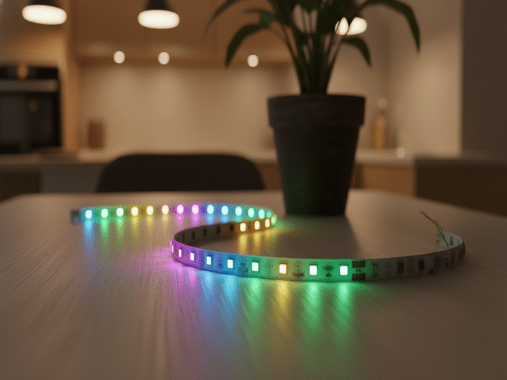 A fita LED RGB defeituosa numa mesa não está parcialmente iluminada